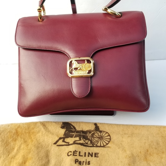 CELINE Vintage Rare Horse Carriage Burgundy Red Leather Top handle Classic Purse - Picture 4 of 16